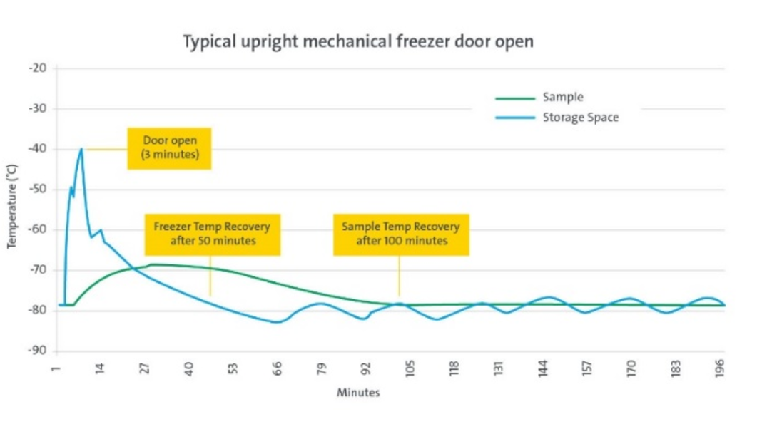 Typical upright mechanical freezer door open